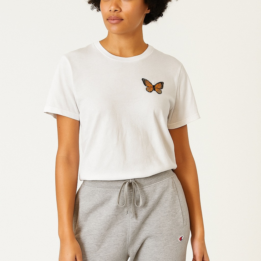 Women’s S White Short Sleeve Butterfly Self Worth Graphic Tee 100% Cotton